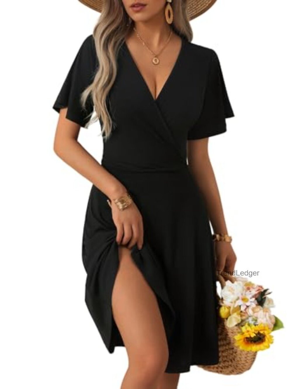Faux Wrap V Neck Ruffle Sleeve Flowy Midi Dress